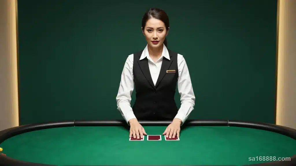 ดีลเลอร์บาคาร่า SA Gaming ยืนหลังโต๊ะสักหลาดสีเขียวพร้อมไพ่คว่ำสามใบ