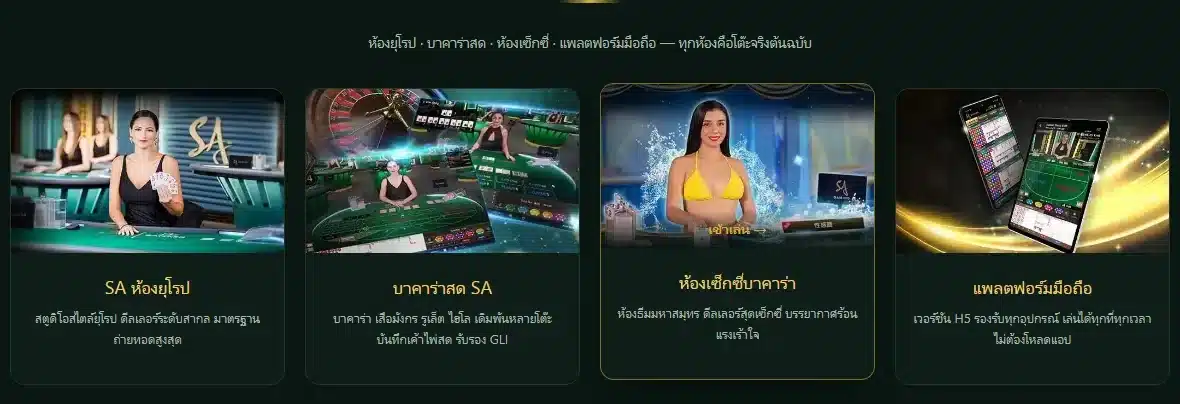 การ์ดสี่ห้องถ่ายทอดสดของ SA Gaming บนหน้าแรก sa168888 ระบุว่าห้องบาคาร่าสดเปิดโต๊ะ บาคาร่า เสือมังกร รูเล็ต และไฮโล