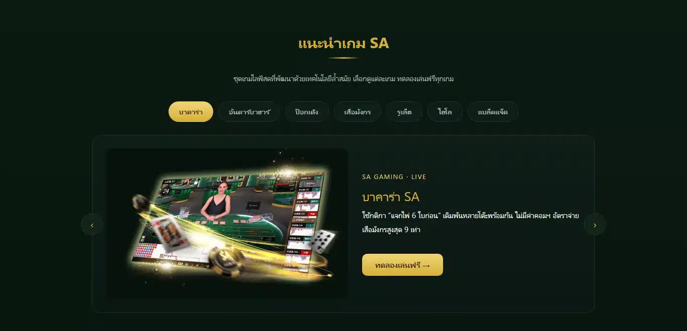 ส่วนแนะนำเกมบนหน้าแรก sa168888 มีแท็บ บาคาร่า อันดาร์บาฮาร์ ป๊อกเด้ง เสือมังกร รูเล็ต ไฮโล และแบล็คแจ็ค โดยแท็บบาคาร่าถูกเลือกอยู่