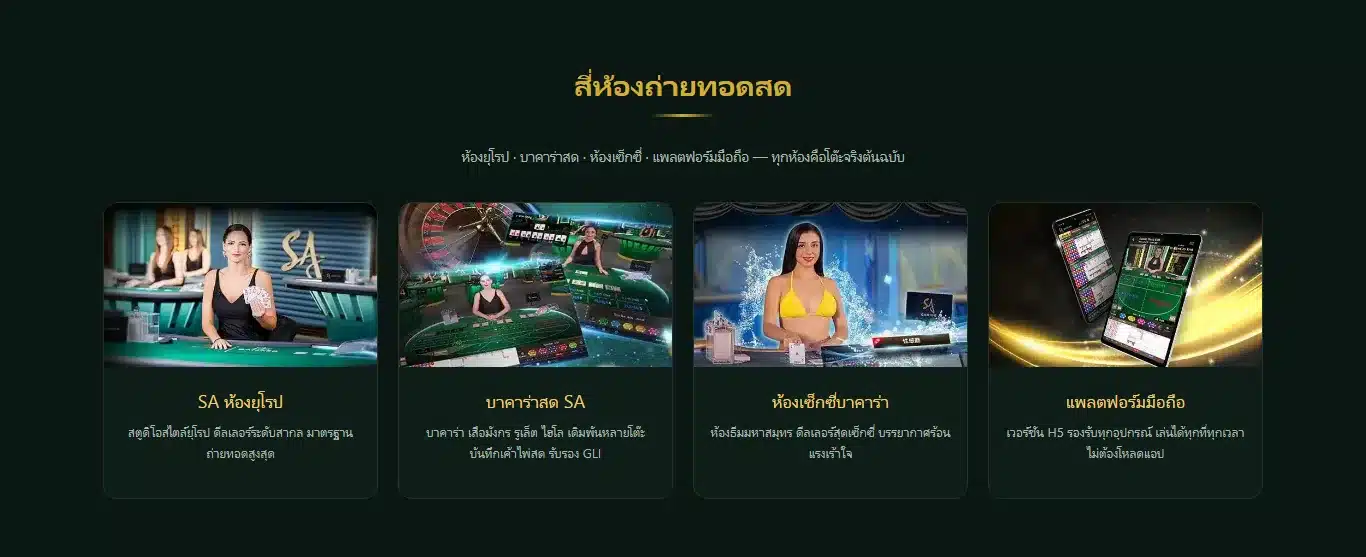 หน้าแรก sa168888 แสดงสี่ห้องถ่ายทอดสดของ SA Gaming ได้แก่ ห้องยุโรป บาคาร่าสด ห้องเซ็กซี่ และแพลตฟอร์มมือถือ ทุกห้องเดินเกมด้วยกองไพ่ 8 สำรับต่อหนึ่งชู